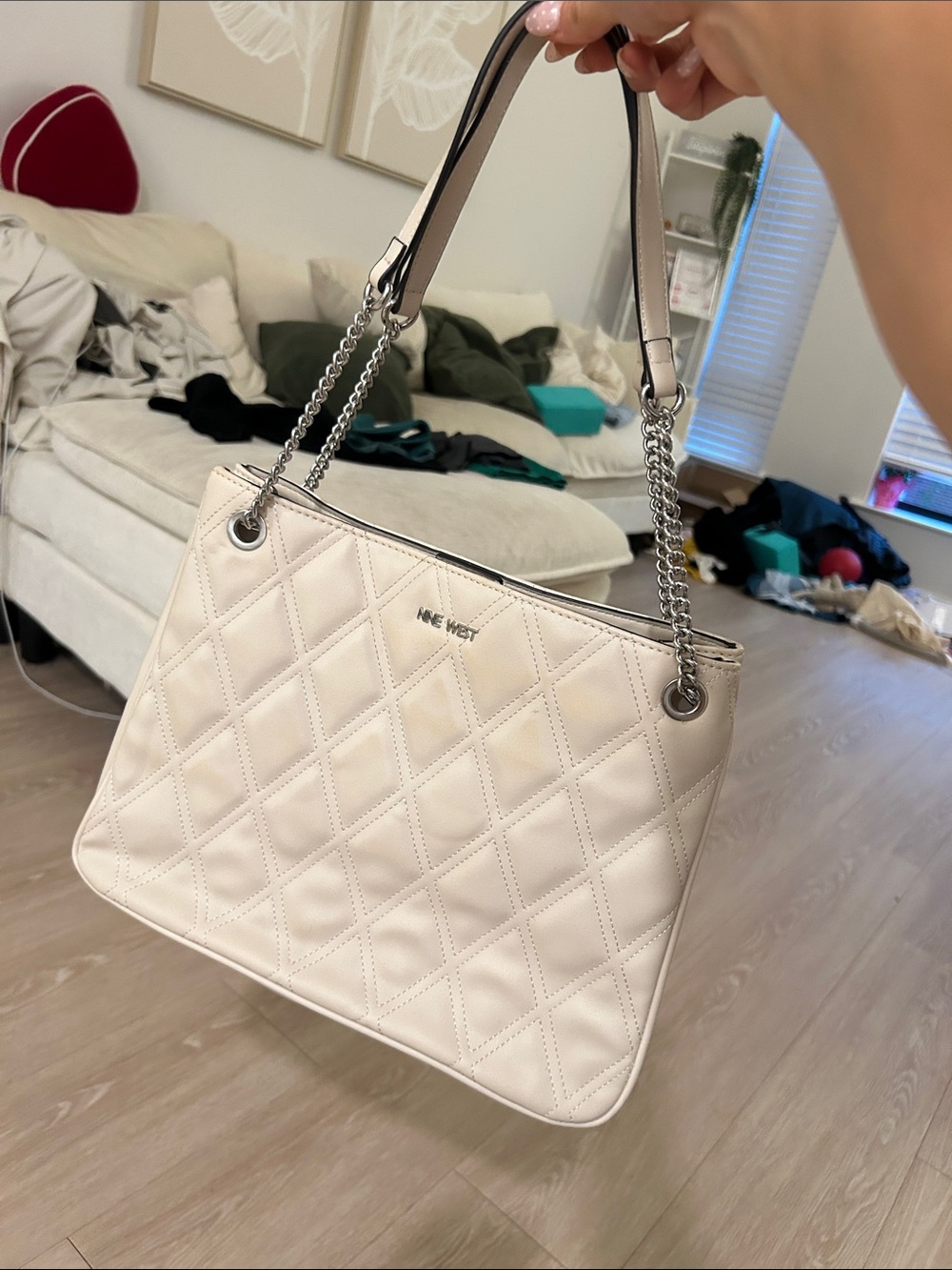 Nine West Quilted Shoulder Bag in Cream with Chain Handles